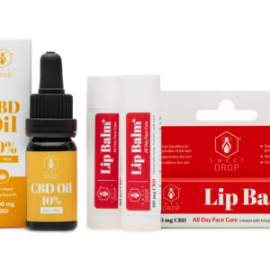 Sweet Drop CBD Lips & Routine rinkinys, kurį sudaro 10% CBD aliejus ir du lūpų balzamai.